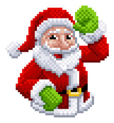 Fototapeta premium Happy Santa Claus Christmas character waving in an 8 bit pixel art video game style