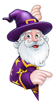 A wizard merlin magician Halloween cartoon character peeping around a sign pointing