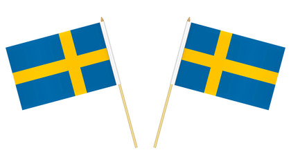 Two small Swedish flags isolated on white background, vector illustration. Flag of Sweden on pole