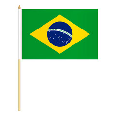 Small hand held Brazilian flag isolated on white background, vector illustration. Mini flag of Brazil on pole