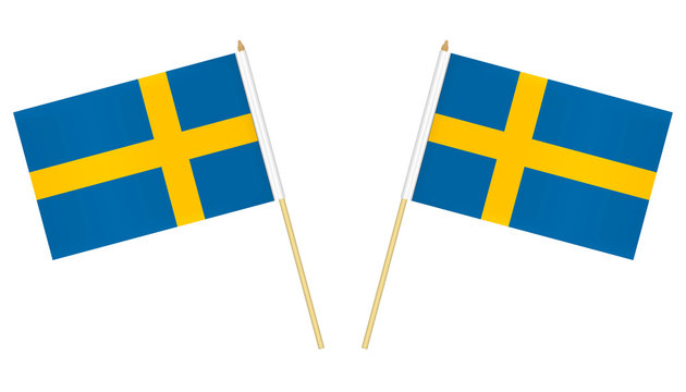 Two small Swedish flags isolated on white background, vector illustration. Flag of Sweden on pole