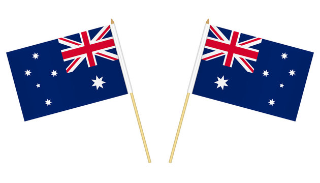 Two Small Australian Flags Isolated On White Background, Vector Illustration. Mini Flag Of Australia On Pole