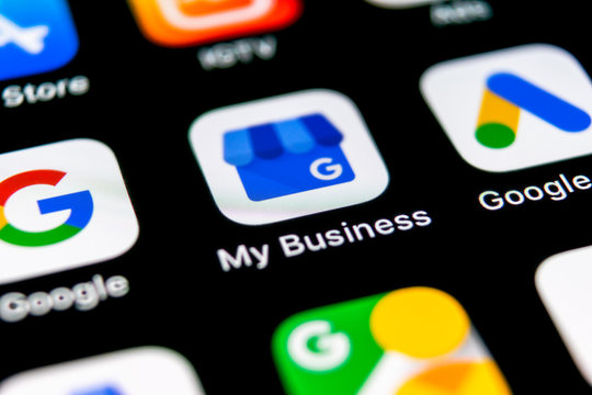 Sankt-Petersburg, Russia, September 30 2018: Google My Business application icon on Apple iPhone X screen close-up. Google My Business icon. Google My business application. Social media network