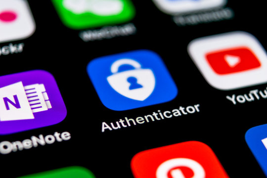 Sankt-Petersburg, Russia, September 30, 2018: Microsoft authenticator application icon on Apple iPhone X smartphone screen close-up. Microsoft Authenticator app icon. Social network. Social media icon
