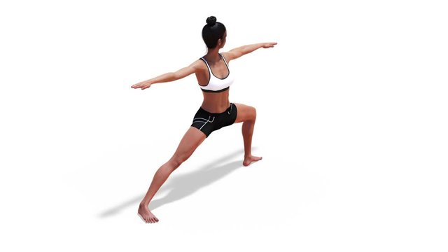 Woman in a Yoga Warrior 2 Pose in Rotation with a White Background