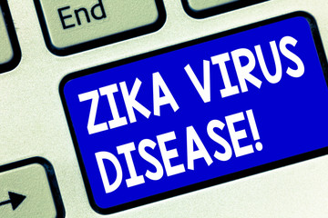 Writing note showing Zika Virus Disease. Business photo showcasing transmitted primarily Aedes mosquitoes which bite Keyboard key Intention to create computer message pressing keypad idea