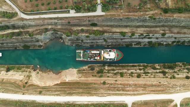 Ship passing through Corinth Canal in Greece