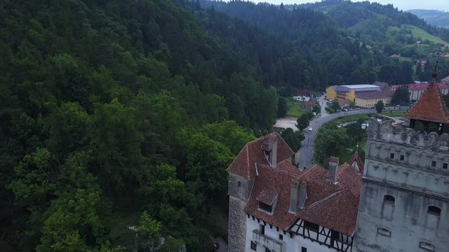 Aerial panorama view of the medieval Bran Castle , Dracula Castle in Brasov, Transylvania. Romania.