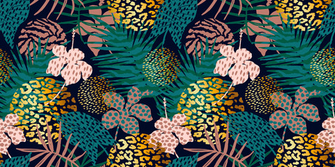 Panele Szklane  Modny egzotyczny wzór z palmami, nadrukami zwierząt i ręcznie rysowane tekstury.