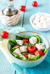 Salad with tomatoes, spinach and cheese. Italian cuisine. Healthy eating. Diet.