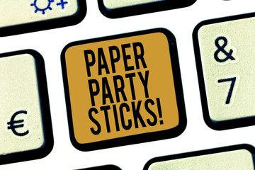Handwriting text Paper Party Sticks. Concept meaning colored shapes of hard paper used create emojis Keyboard key Intention to create computer message pressing keypad idea