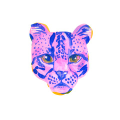 Unusual watercolor wild cat muzzle isolated on white background.