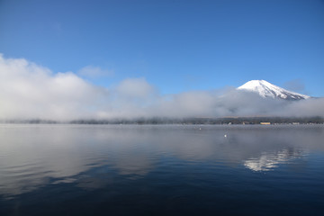 Mt. Fuji and blue sky and lake