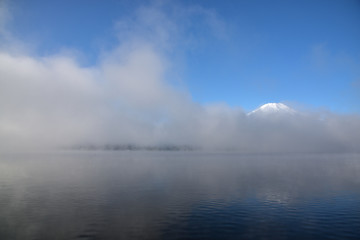 Mt. Fuji and blue sky and lake