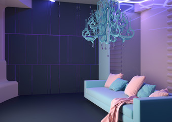 Futuristic interior design. Luxurious living room with sofa and chandelier. 3D illustration