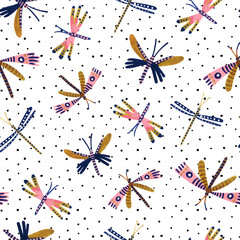Decorative watercolor dragonfly seamless pattern.
