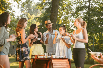 Group of happy friends eating and drinking beers at barbecue dinner on sunset time. Having meal together outdoor in a forest glade. Celebrating and relaxing. Summer lifestyle, food, friendship concept