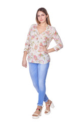 beautiful woman in jeans posing on white