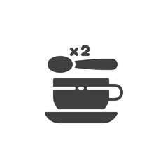 Tea cup with two spoon of sugar vector icon. filled flat sign for mobile concept and web design. 2 sugar spoon and coffee cup glyph icon. Symbol, logo illustration. Vector graphics