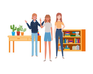 women standing with bookshelf of wooden and books