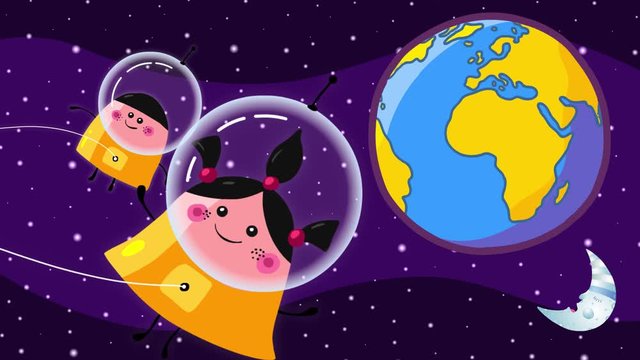 Distant Earth and Cartoon space kids. They are in cosmic space. They have a nice spacewalk. Moon is sleeping. Cute children animation.