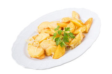 Baked potato wedges with onions and parsley.