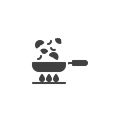 Frying vegetables on pan vector icon. Cooking process filled flat sign for mobile concept and web design. Frying pan on gas stove glyph icon. Symbol, logo illustration. Vector graphics