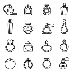 Perfume bottle icon set with white background. Thin Line Style stock vector. - obrazy, fototapety, plakaty