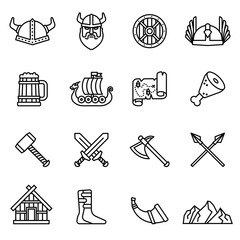 viking nordic icon set with white background. Thin Line Style stock vector.