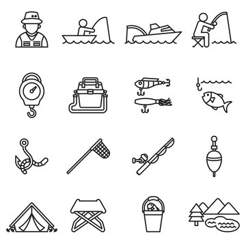Fishing icon set with white background. Thin line style stock vector.