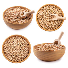 Soybean in a wooden bowl isolated on white background