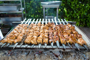 Grilling marinated shashlik on a grill. Shish kebab. BBQ, barbecue on the background of green spaces