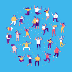 People dancing and have fun. Flat vector character set. Birthday party, student party, celebration, event. Friendship.  Couples. Happy people. Men and women enjoying dance party.	