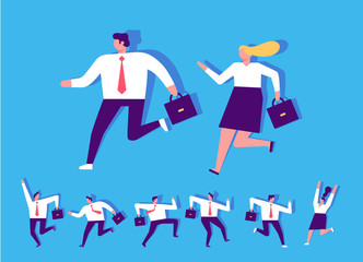 Business people running flat vector set. Business team competition. Collection of business people characters in different poses. Success, leadership. Men and women. Flat vector characters.