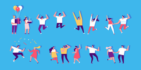 People dancing and have fun. Flat vector character set. Birthday party, student party, celebration, event. Friendship.  Couples. Happy people. Men and women enjoying dance party.	