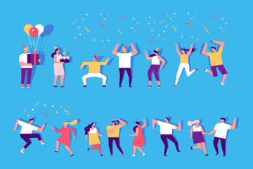 Birthday party, celebration, event. Young People dancing and have fun. Friendship.  Couples. Student party. Male and female flat characters isolated on background.	