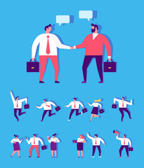 Business men shake hands. Business agreement and completed the deal with a handshake.Business team competition. Collection of business people characters in different poses. Flat Vector cartoon people.