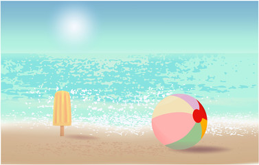Fototapeta na wymiar Summer background, vector with a view of the beach, ball and ice cream
