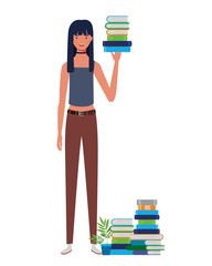 woman standing with stack of books on white background