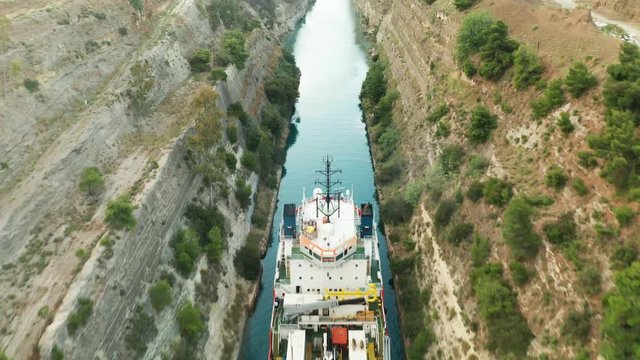 Ship passing through Corinth Canal in Greece
