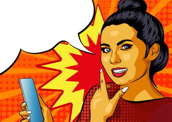 Pinup girl with Smartphone. Beautiful woman showing on the display of her phone. Vector illustration like a comics with text bubble