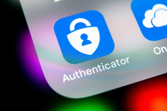 Sankt-Petersburg, Russia, August 16, 2018: Microsoft authenticator application icon on Apple iPhone X smartphone screen close-up. Microsoft Authenticator app icon. Social network. Social media icon
