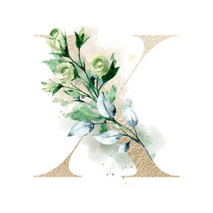 Letter X with watercolor leaves, flowers. Floral gold alphabet, monogram initials perfectly for personalized wedding invitations, greeting card, logo and other design. Holiday design hand painting.