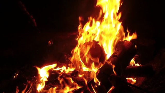 Super slow motion without movement of a campfire, where the fire is the only light source. From the left a wodden stick enters the scene, with bread dough wrapped around it. 120 fps 1080p