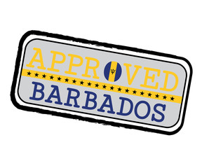 Vector Stamp of Approved logo with Barbados Flag in the shape of O and text Barbados.