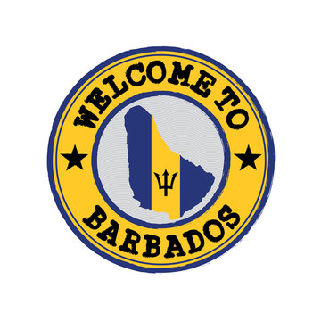 Vector stamp of welcome to Barbados with map outline of the nation in center.
