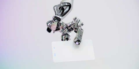 Sci-fi robotic arm showing blank card, 3d rendering