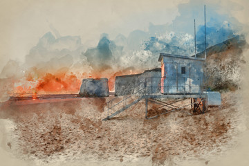 Digital watercolour painting of Lifeguard hut on empty beach during colorful sunrise with rock cliffs in background