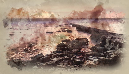 Obraz na płótnie Canvas Digital watercolour painting of Beautiful toned seascape landscape of rocky shore at sunset