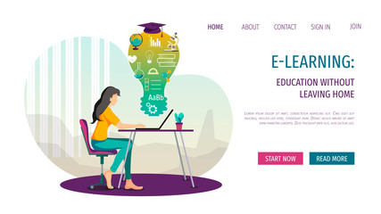 Web page design for Online courses, distance education and e-learning. Young woman learning at home with laptop. Vector illustration in flat style for poster, banner and website development.